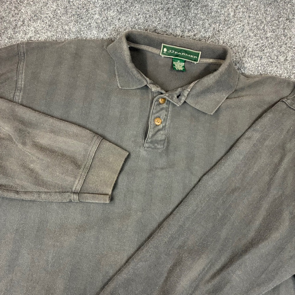 90s JJ Farmer Mens Size Medium Long Sleeve Polo Shirt Gray Herringbone Cotton